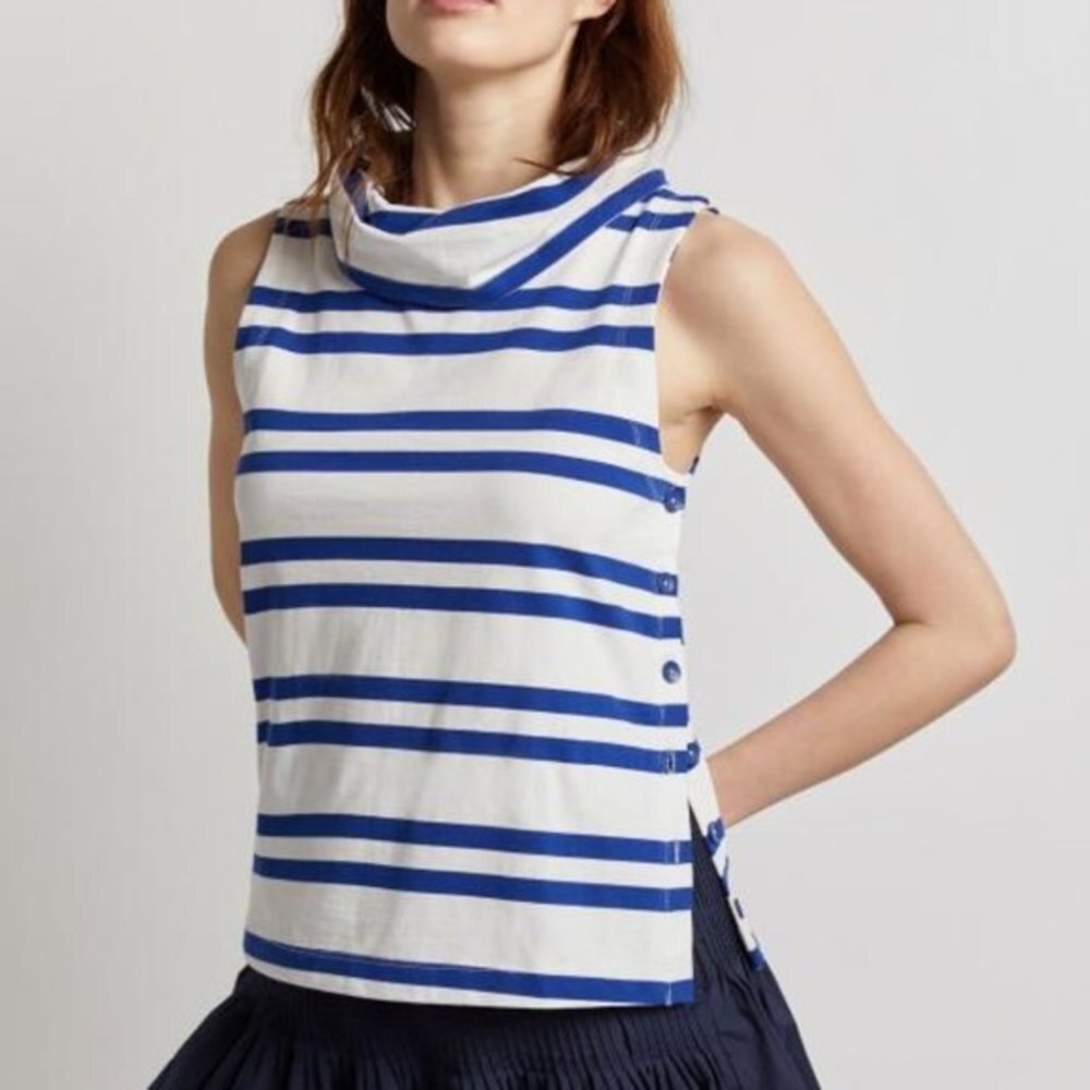 Anthropologie Maeve Striped Sleeveless Cowl Neck Side Button Top (NWT)